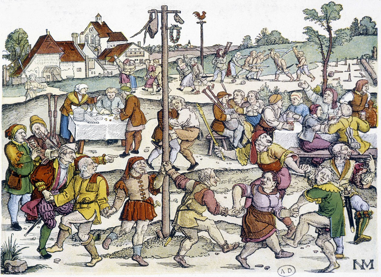 Baile del pueblo alrededor del palo de cucaña - imaginería alemana del siglo XVI de Nikolaus Meldemann de German School