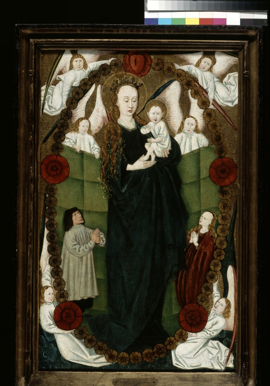 Virgen del Rosario con patronos y angeles (óleo y oro sobre madera) de German School