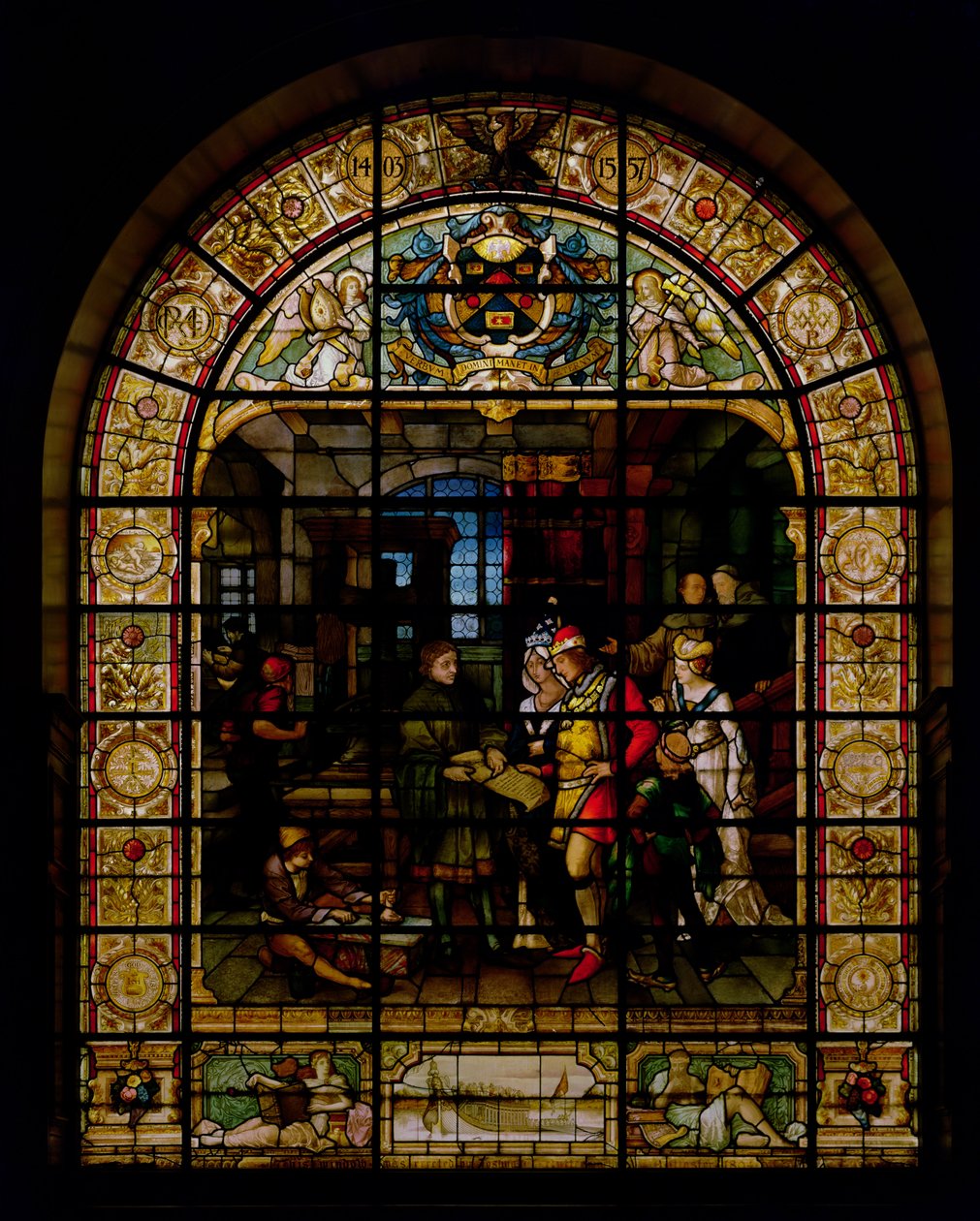 William Caxton mostrando su primer libro impreso a Eduardo IV y su esposa, Elizabeth Woodville en 1477 de German School