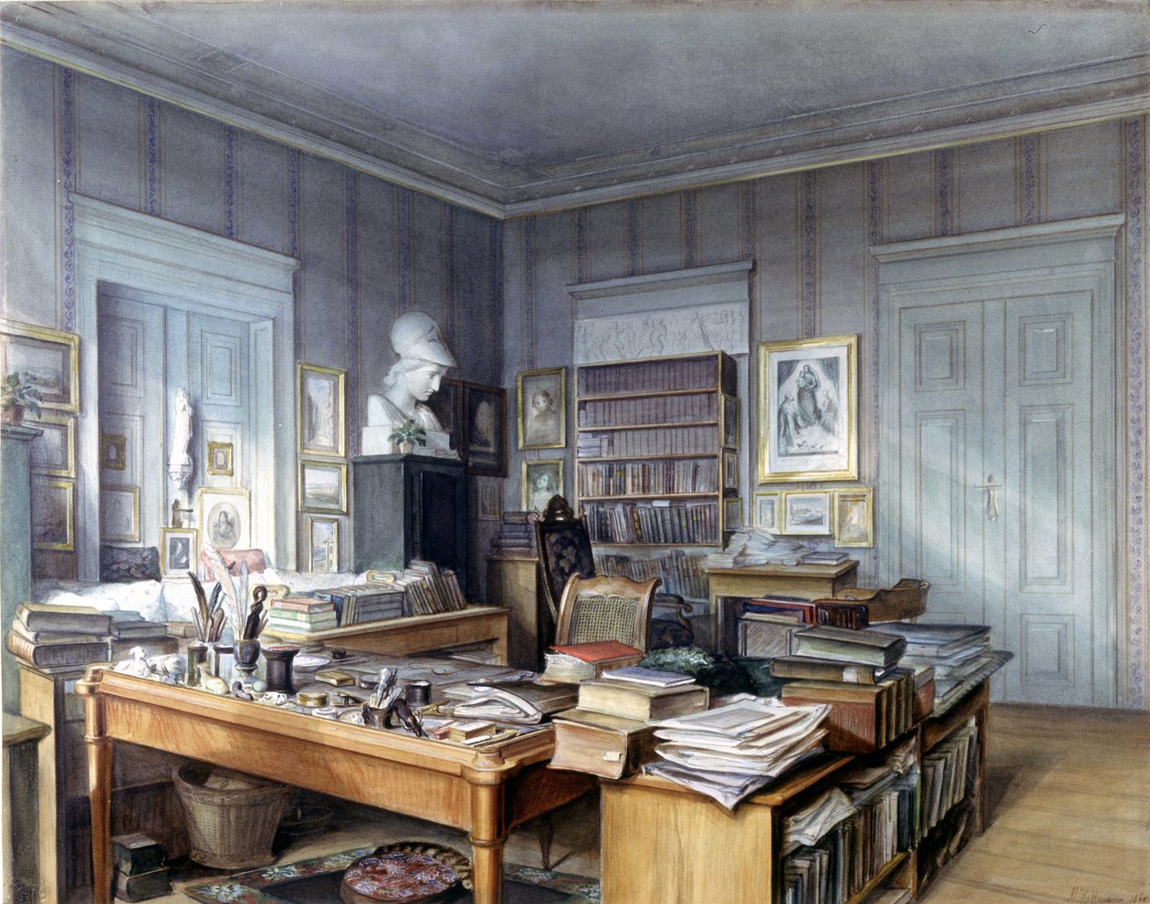 Sala de trabajo de Wilhelm Grimm (1786-1859) en Berlín, 7 Linkstrasse. Grabado por el Sr. Hoffmann. Museo Nacional, Núremberg. 1860 de German School