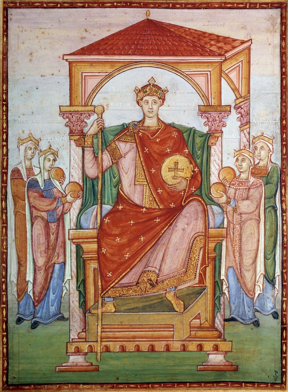 Otón III (980-1002) emperador germánico recibiendo el tributo de las naciones. Miniatura del manuscrito "Evangelio de Otón III", finales del siglo X. Chantilly, Museo Condé de German School