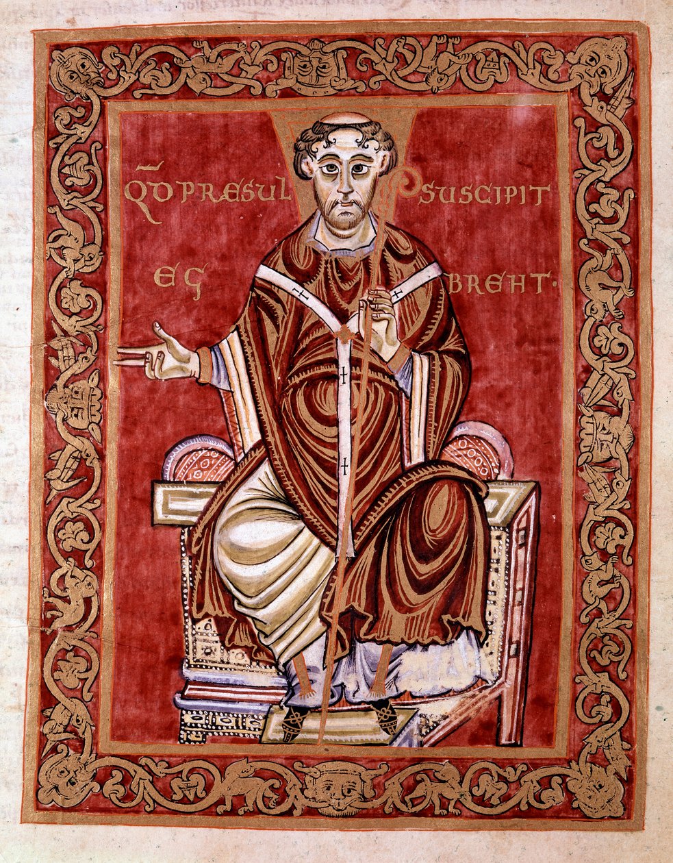 El obispo Egberto de Tréveris recibe el salterio de manos del monje Rudprecht (no representado aquí) - Miniatura del Códice de Egberto (Codex Egberti) por la escuela de Reichenau, 980 - Cividale del Friuli, museo arqueológico o Catedral de Cividale de German School