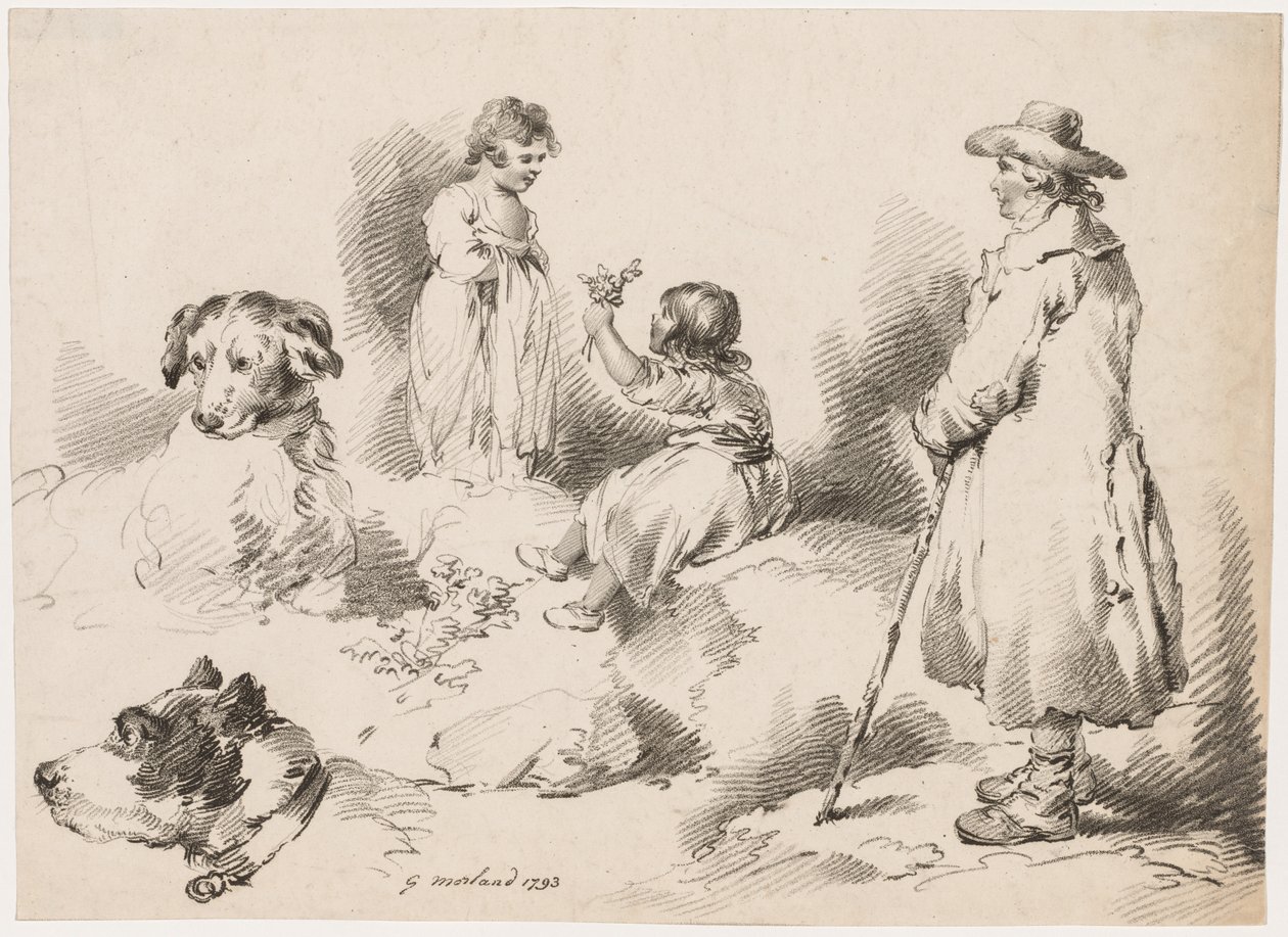 Estudios de niños, dos niñas pequeñas, dos perros, un hombre de Gerrard Street J. Harris Soho