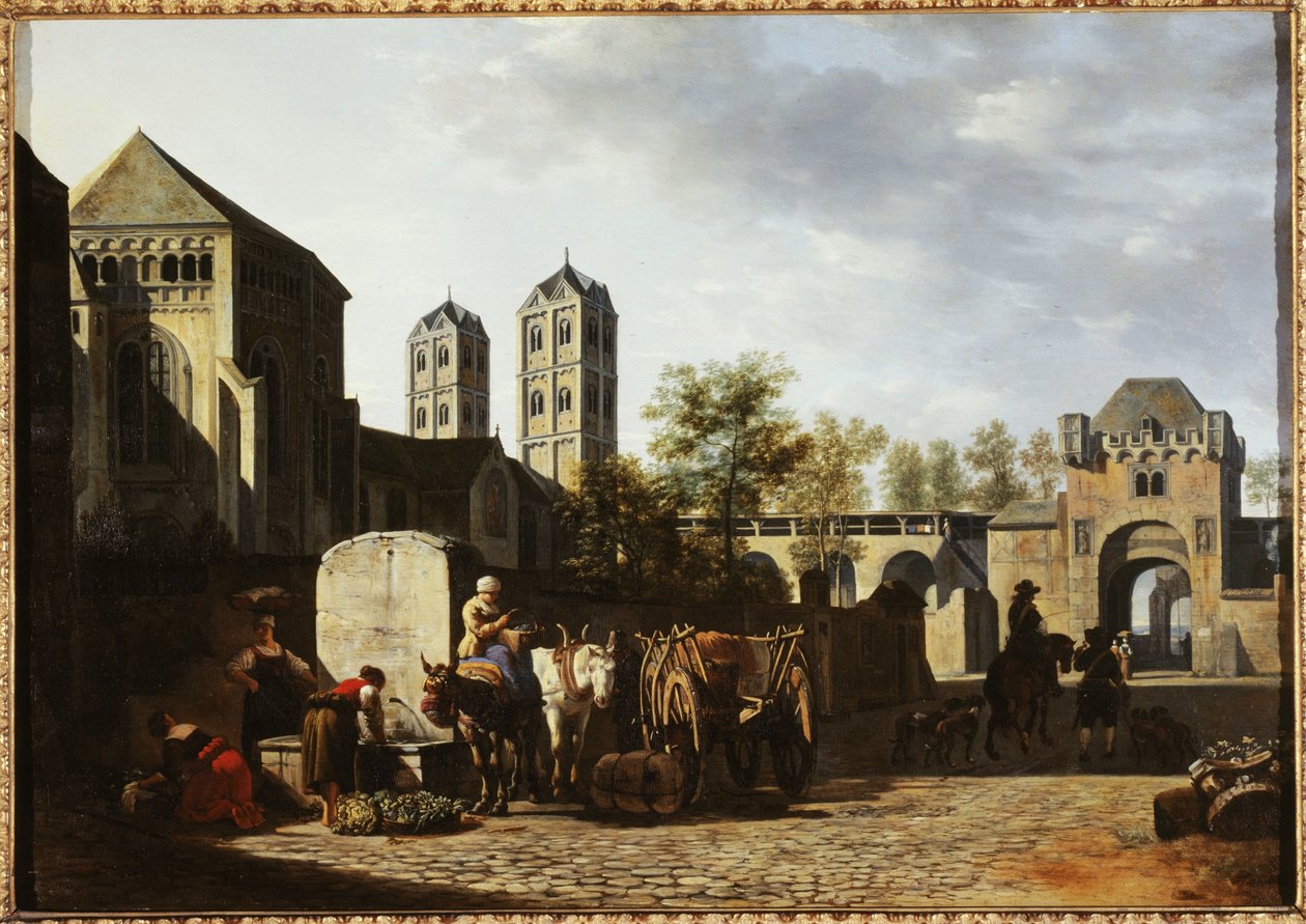 Fuente pública e iglesia de San Gereón en Colonia, hacia 1670 (óleo sobre madera) de Gerrit Adriaensz Berckheyde