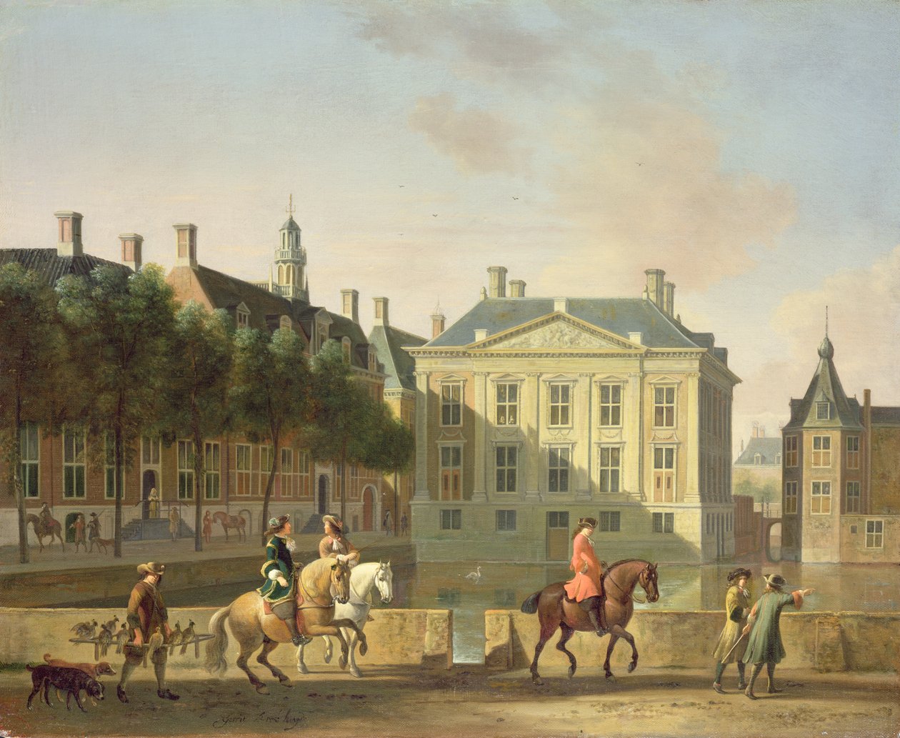 El Mauritshuis desde el Langevijverburg, La Haya, con una partida de caza con halcones en primer plano de Gerrit Adriaensz Berckheyde