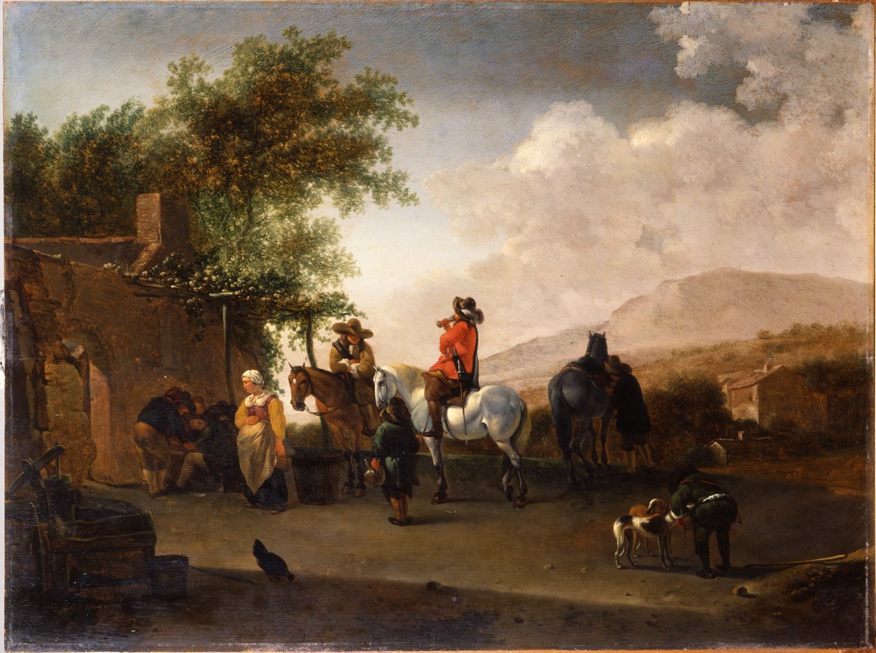 Viajeros a caballo tomando refresco en un paso de montaña, en un paisaje italianizado de Gerrit Adriaensz Berckheyde