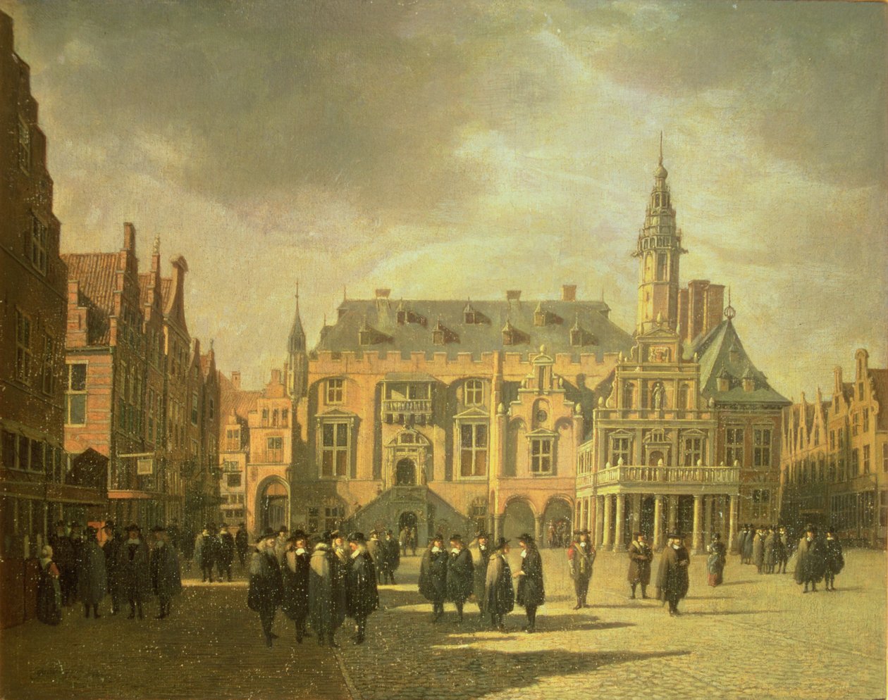 Vista del Ayuntamiento en la Plaza del Mercado de Haarlem de Gerrit Adriaensz Berckheyde
