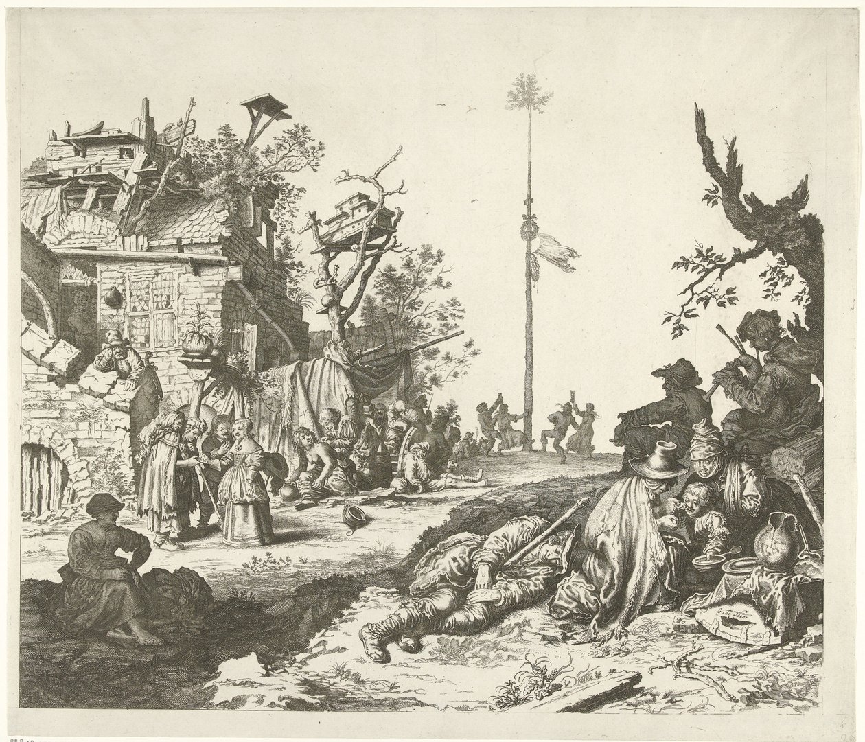 Familia gitana descansando frente a una posada en ruinas de Gerrit Adriaensz. de Heer