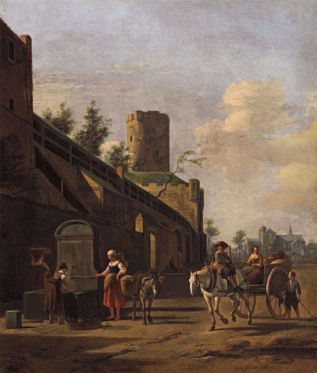Muralla de Colonia con campesinos y viajeros cerca, la iglesia de San Pantaleón al fondo de Gerrit Adriaenszoon Berckheyde