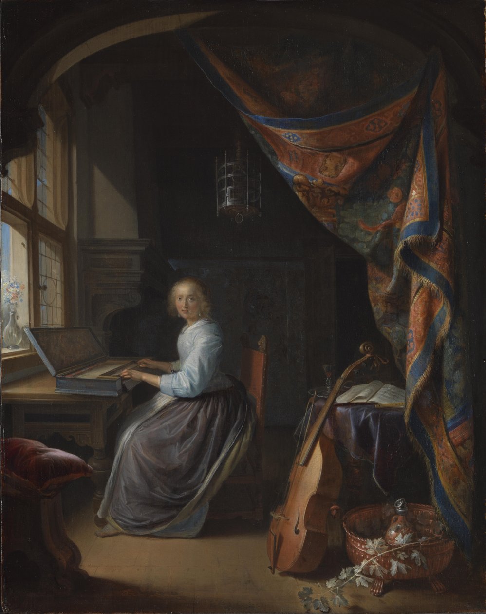 Una dama tocando un clavicordio. de Gerrit Dou
