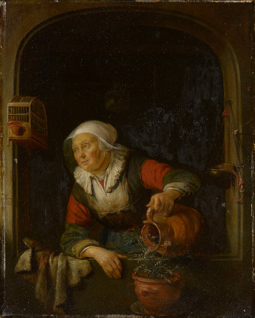 Una anciana riega una maceta de rosas de Gerrit Dou