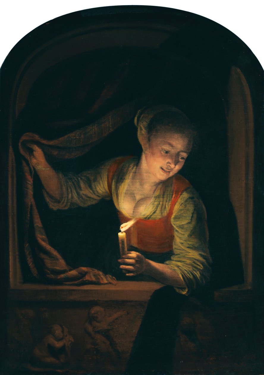 Holandés: Mujer joven con una vela encendida en una ventana de Gerrit Dou