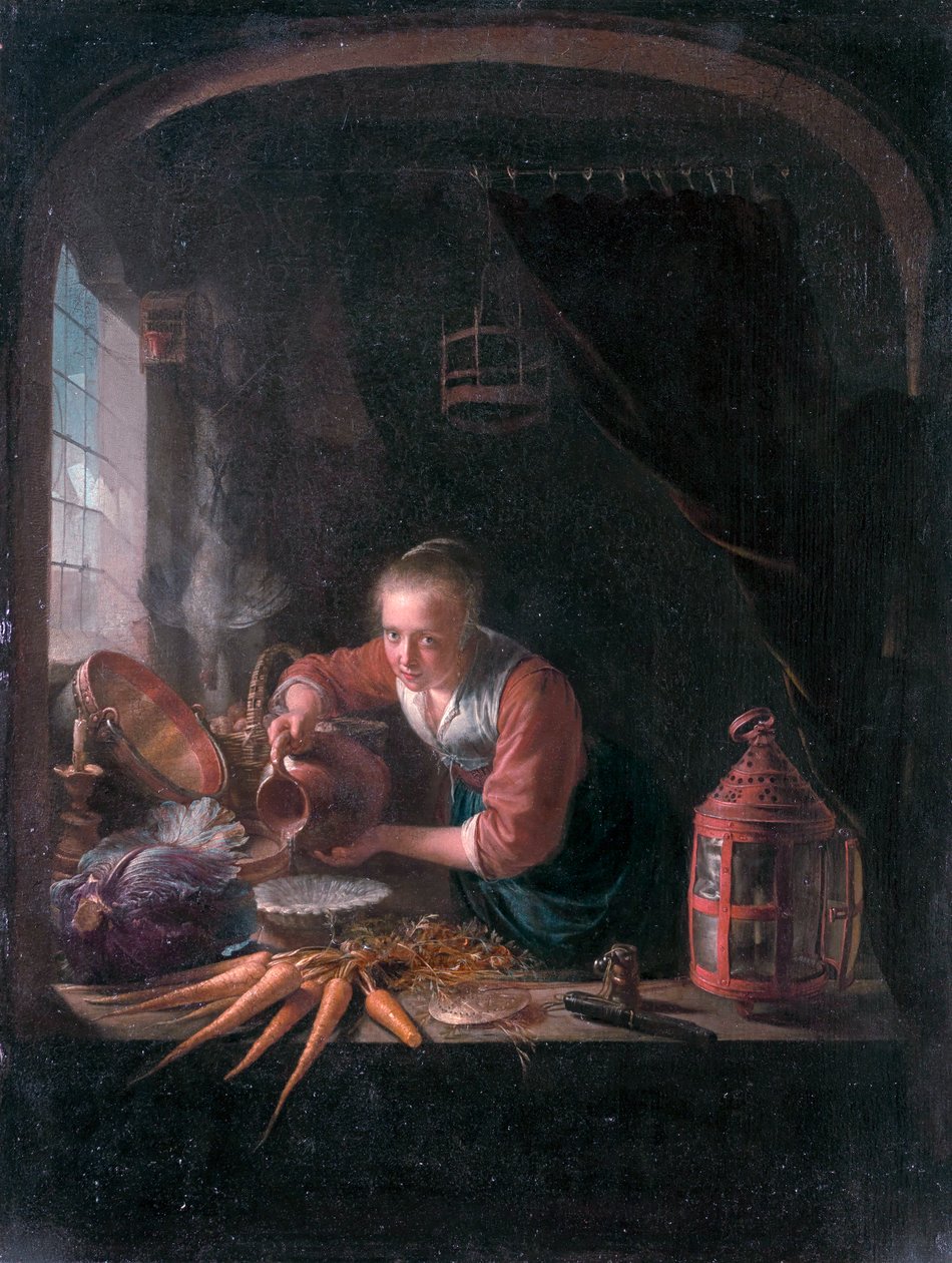 Mujer joven vertiendo agua de una jarra de Gerrit Dou