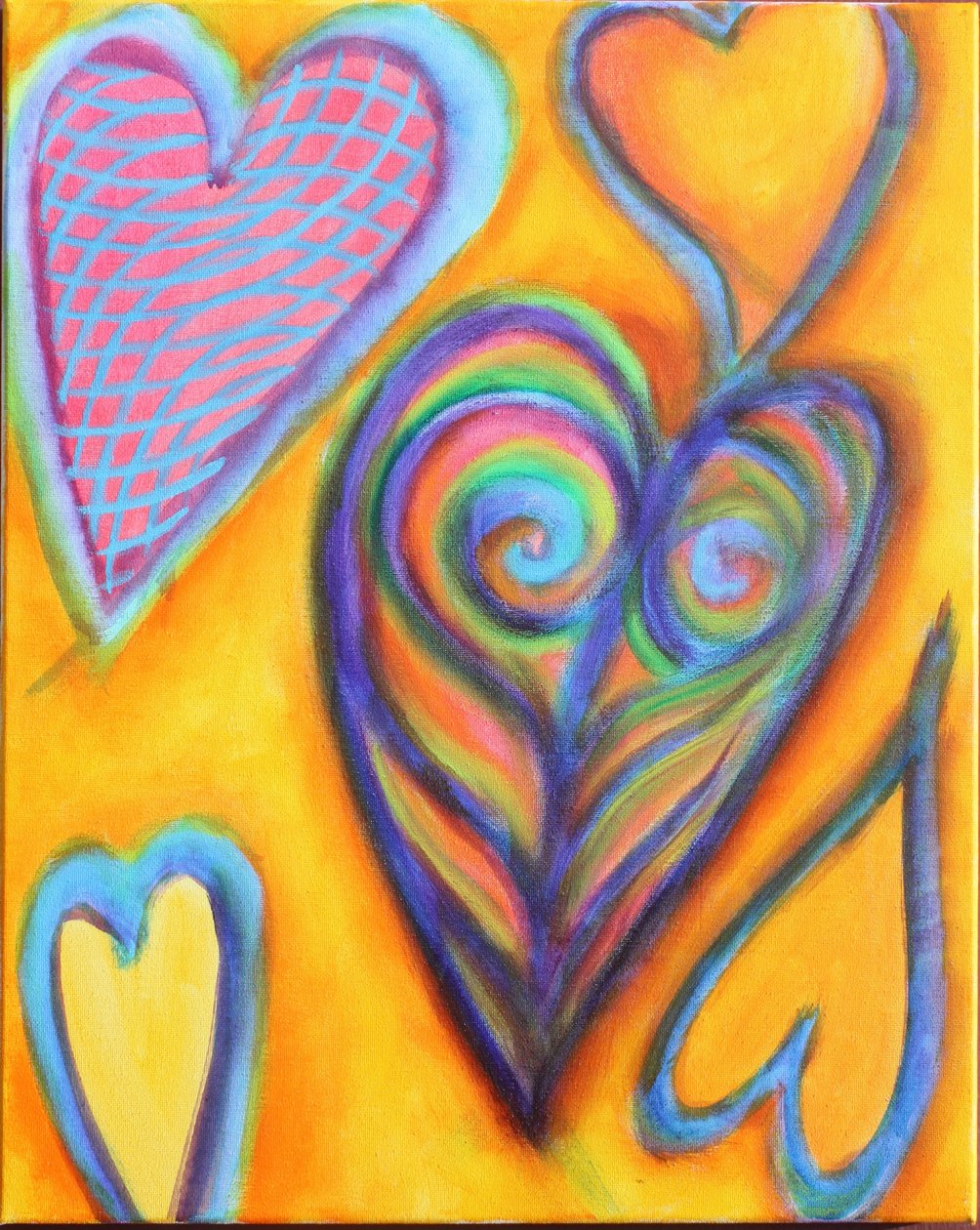 Corazones sobre amarillo, 2023 (acrílico sobre lienzo) de Gerrit Greve
