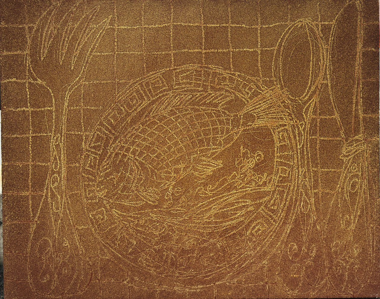 Visdiner (Naturaleza muerta con plato de pescado). 2010 (arena y acrílico sobre lienzo) de Gerrit Greve