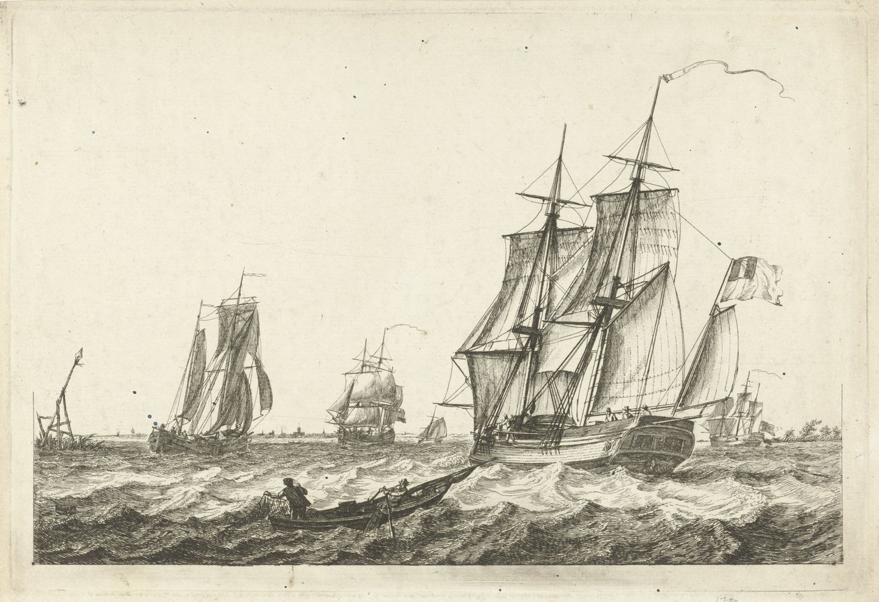 Brik y otros barcos en una vía fluvial ancha Varios barcos sobre las olas (título de la serie) de Gerrit Groenewegen