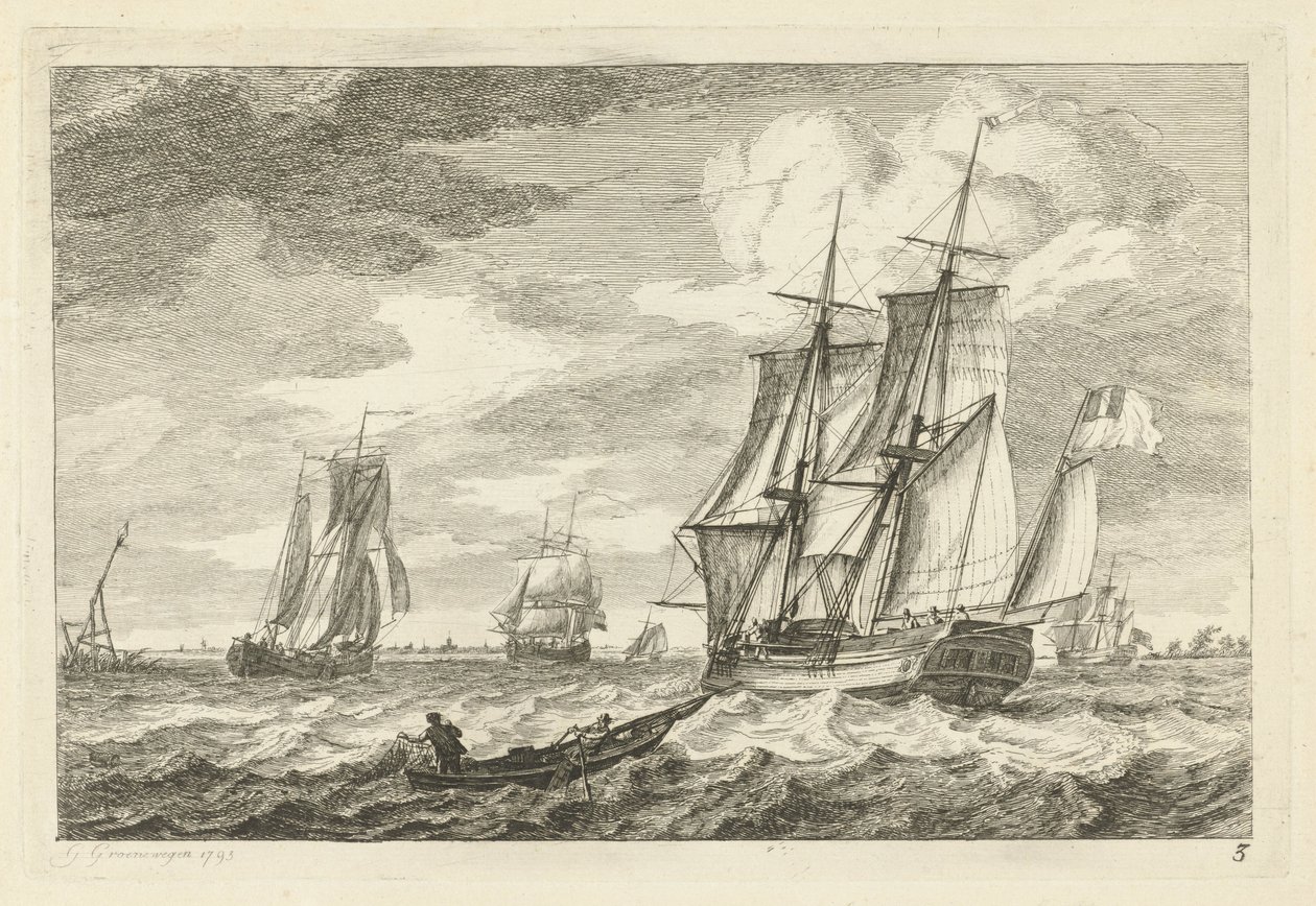 Brik y otros barcos en una vía fluvial ancha Varios barcos sobre las olas (título de la serie) de Gerrit Groenewegen