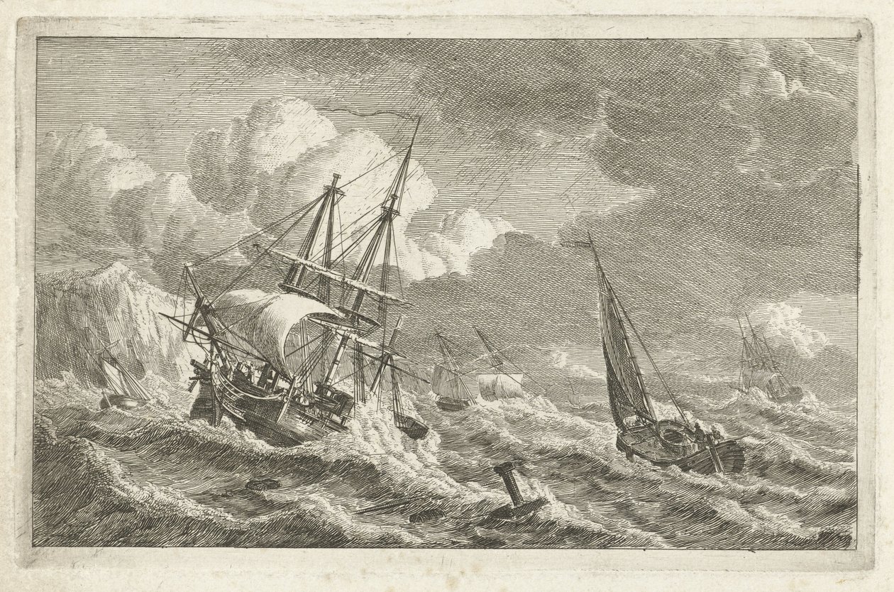 Barcos en peligro frente a una costa rocosa Varios barcos en el agua (título de la serie) de Gerrit Groenewegen