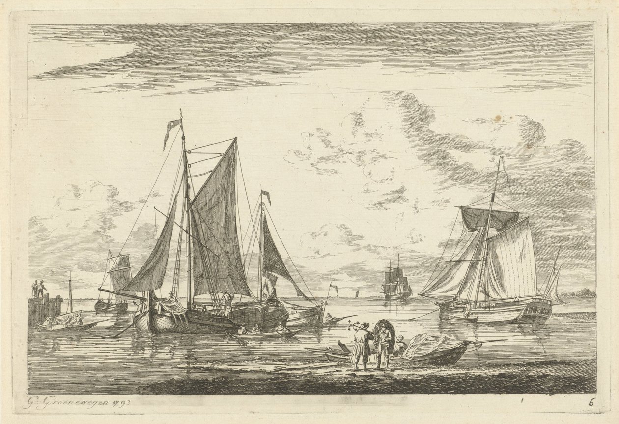 Playa y mar con varios barcos. de Gerrit Groenewegen