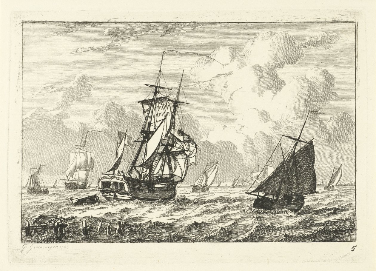 Varios veleros en aguas turbulentas Varios barcos en el agua (título de la serie) de Gerrit Groenewegen