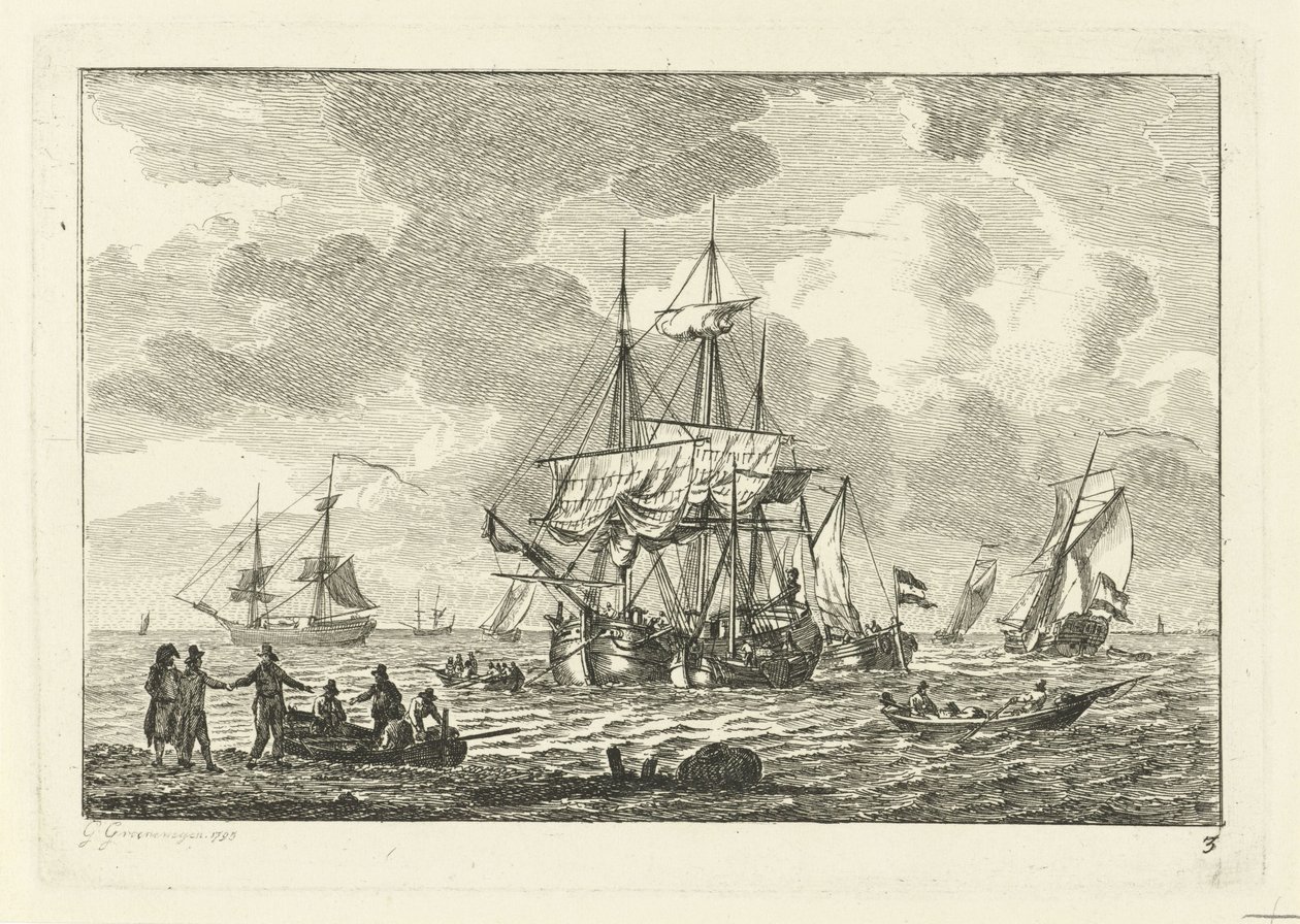 Seascape con tres maestros Varios barcos en el agua (título de la serie) de Gerrit Groenewegen