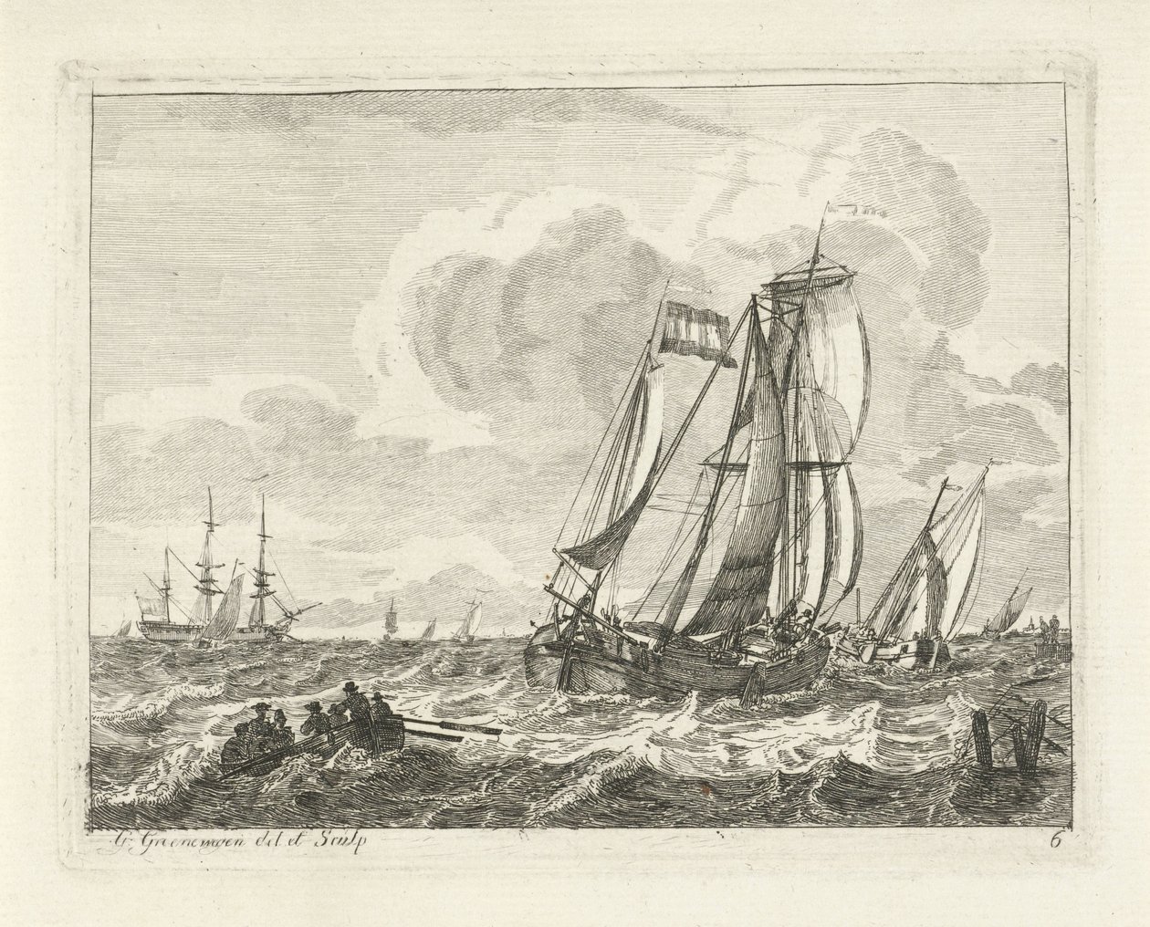 Barcos de vela y un bote de remos en aguas abiertas Paisajes marinos con barcos (título de la serie) de Gerrit Groenewegen