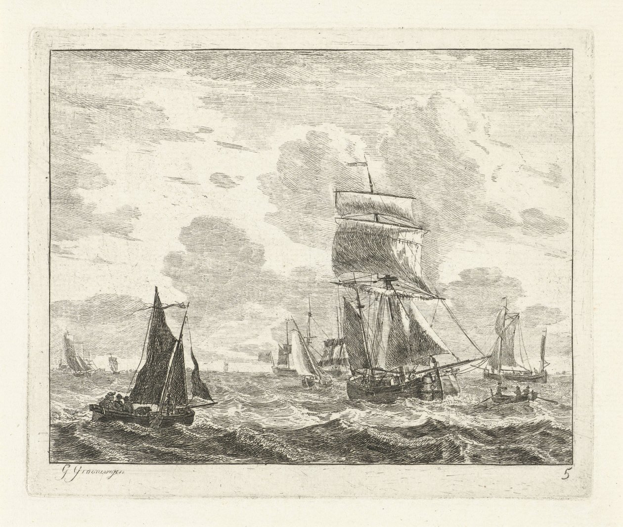 Veleros en aguas turbulentas Paisajes marinos con barcos (título de la serie) de Gerrit Groenewegen