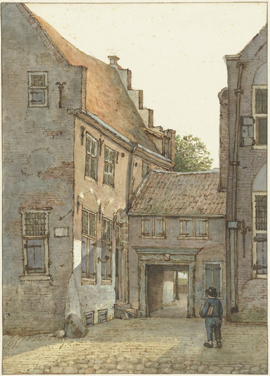 Vista de la entrada a la escuela latina, la escuela St. Hieronymus, en Kromme Nieuwegracht en Utrecht de Gerrit Lamberts