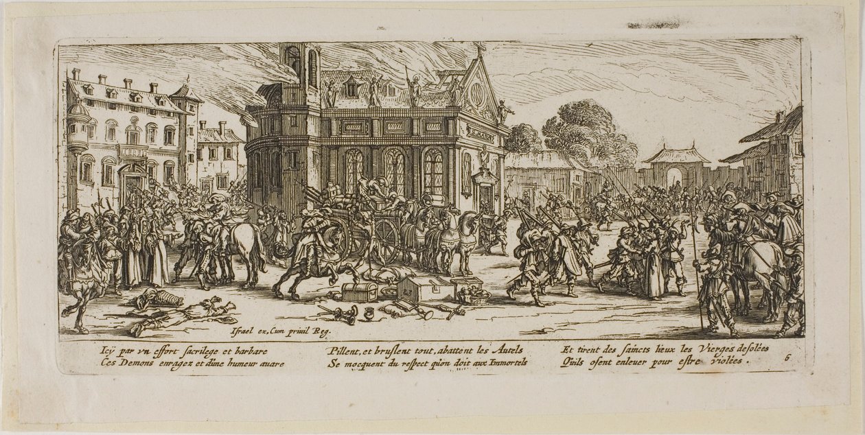 Destrucción de un convento, lámina seis de Las grandes miserias de la guerra de Gerrit Lucasz van Schagen