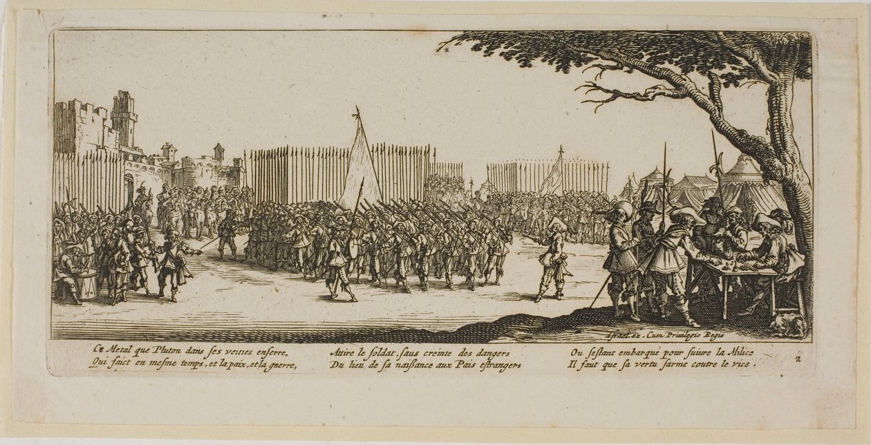 Reclutamiento de tropas, lámina dos de Las grandes miserias de la guerra de Gerrit Lucasz van Schagen
