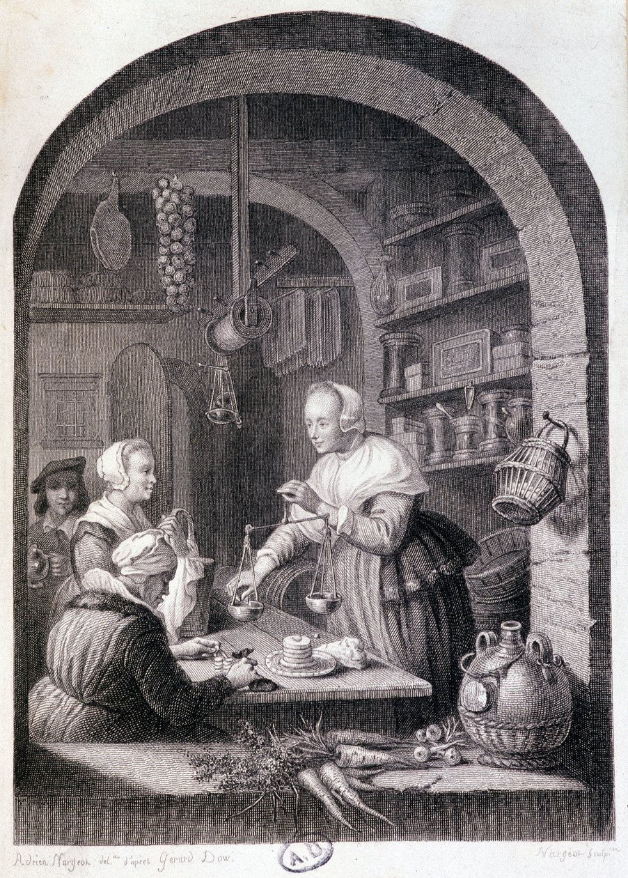 Tendero del pueblo pesando con una balanza. s.d. siglo XVIII de Gerrit or Gerard (after) Dou