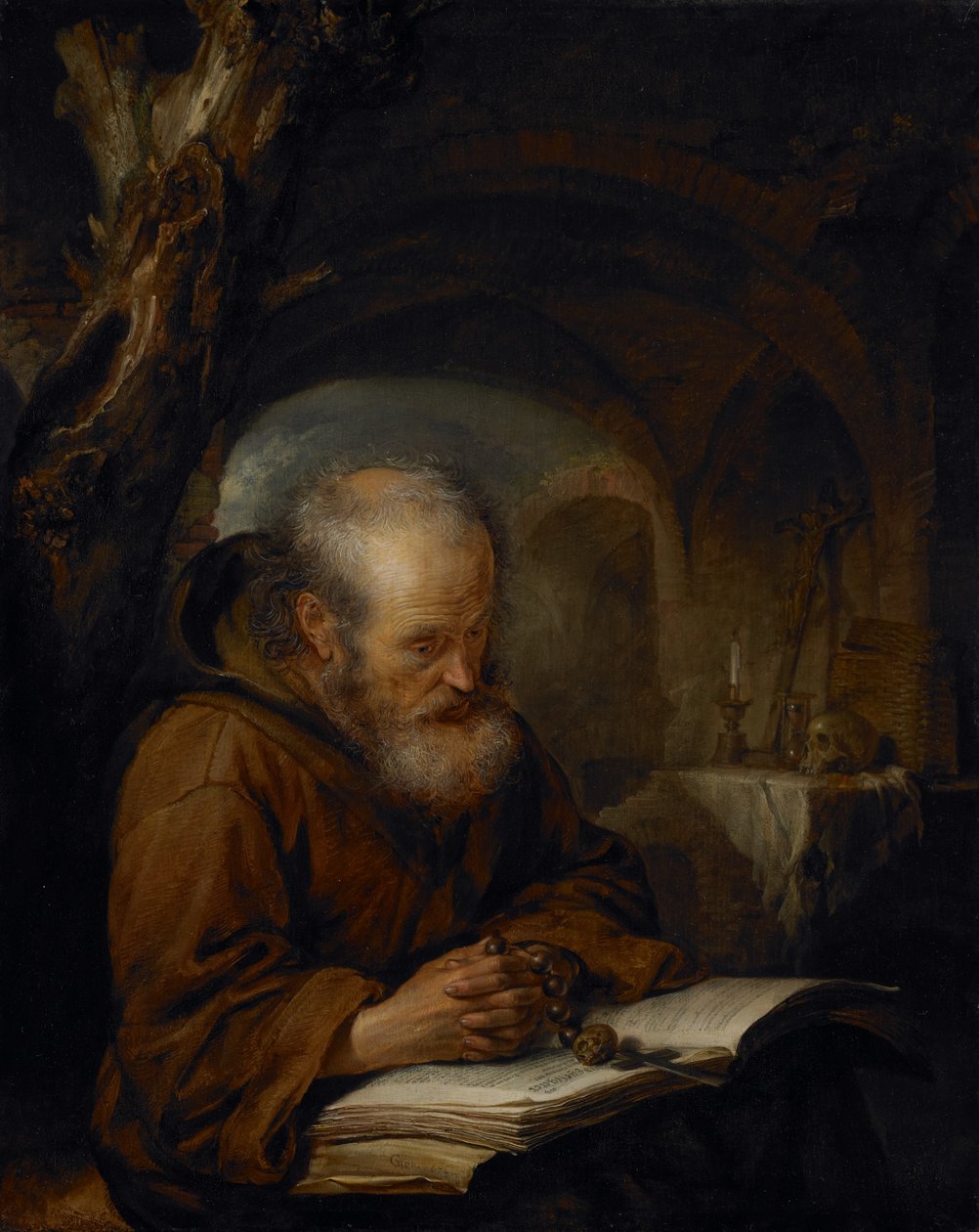 Un ermitaño rezando, 1670 de Gerrit Dou
