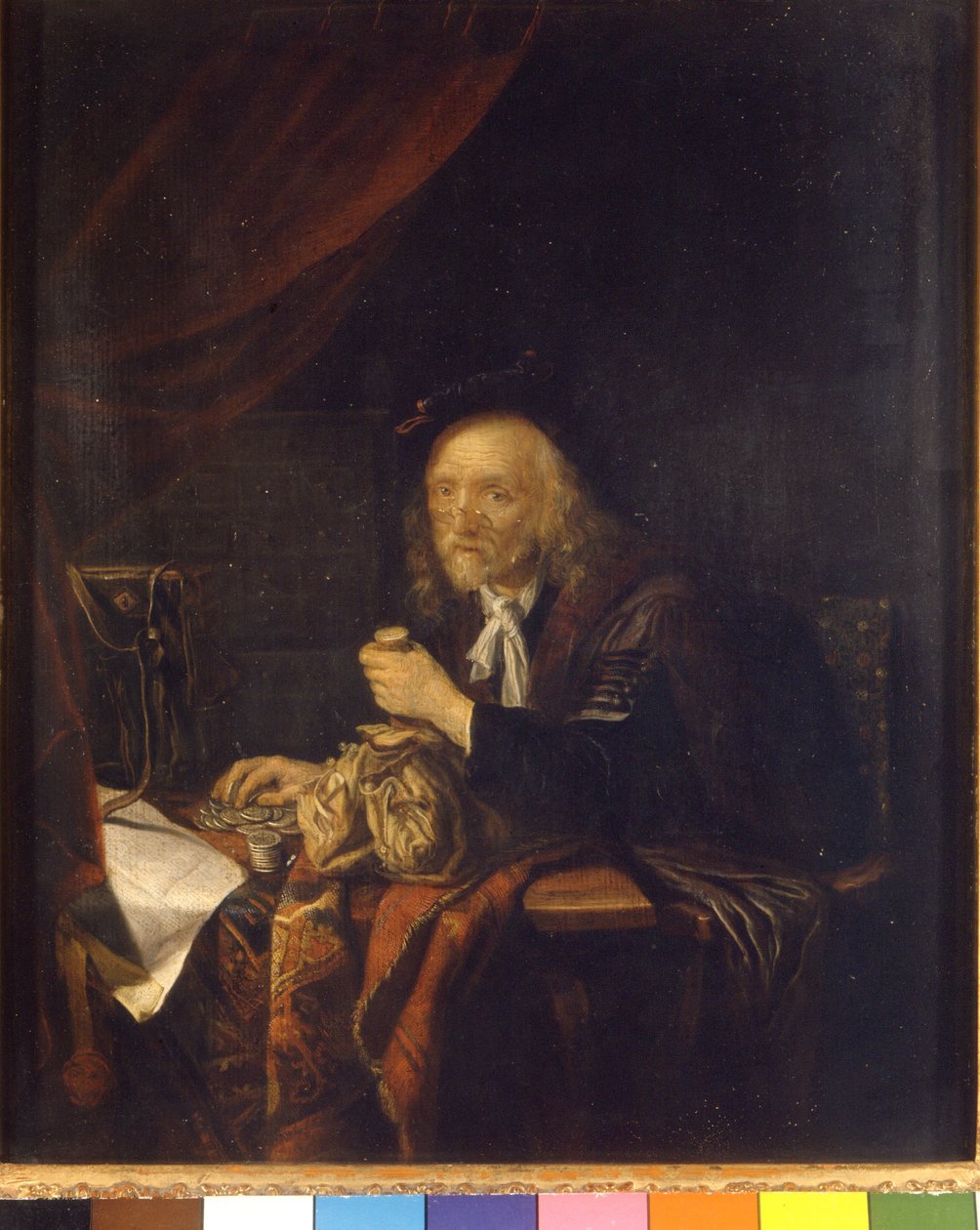 Un hombre desconfiado cuenta su dinero sosteniendo una bolsa en la mano. Pintura de Gerard Dou (o Gerrit Dow) (1613-1675) siglo XVII Milán Museo del castillo de Gerrit Dou
