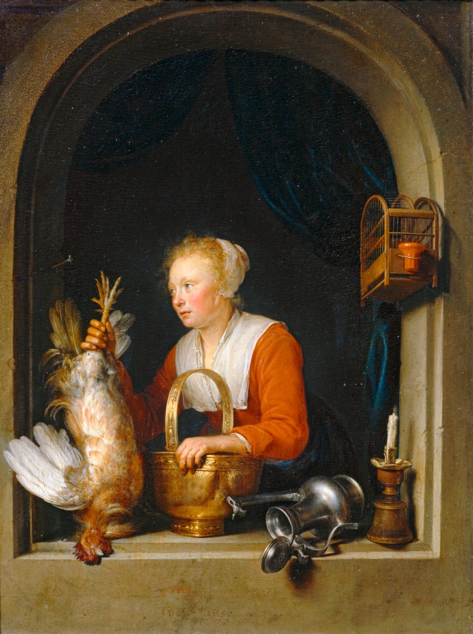 Femme accrochant un coq à sa fenetre, dit aussi La Menagère hollandaise - Mujer colgando un gallo en su hilera, también llamada el ama de casa holandesa ... de Gerrit or Gerard Dou