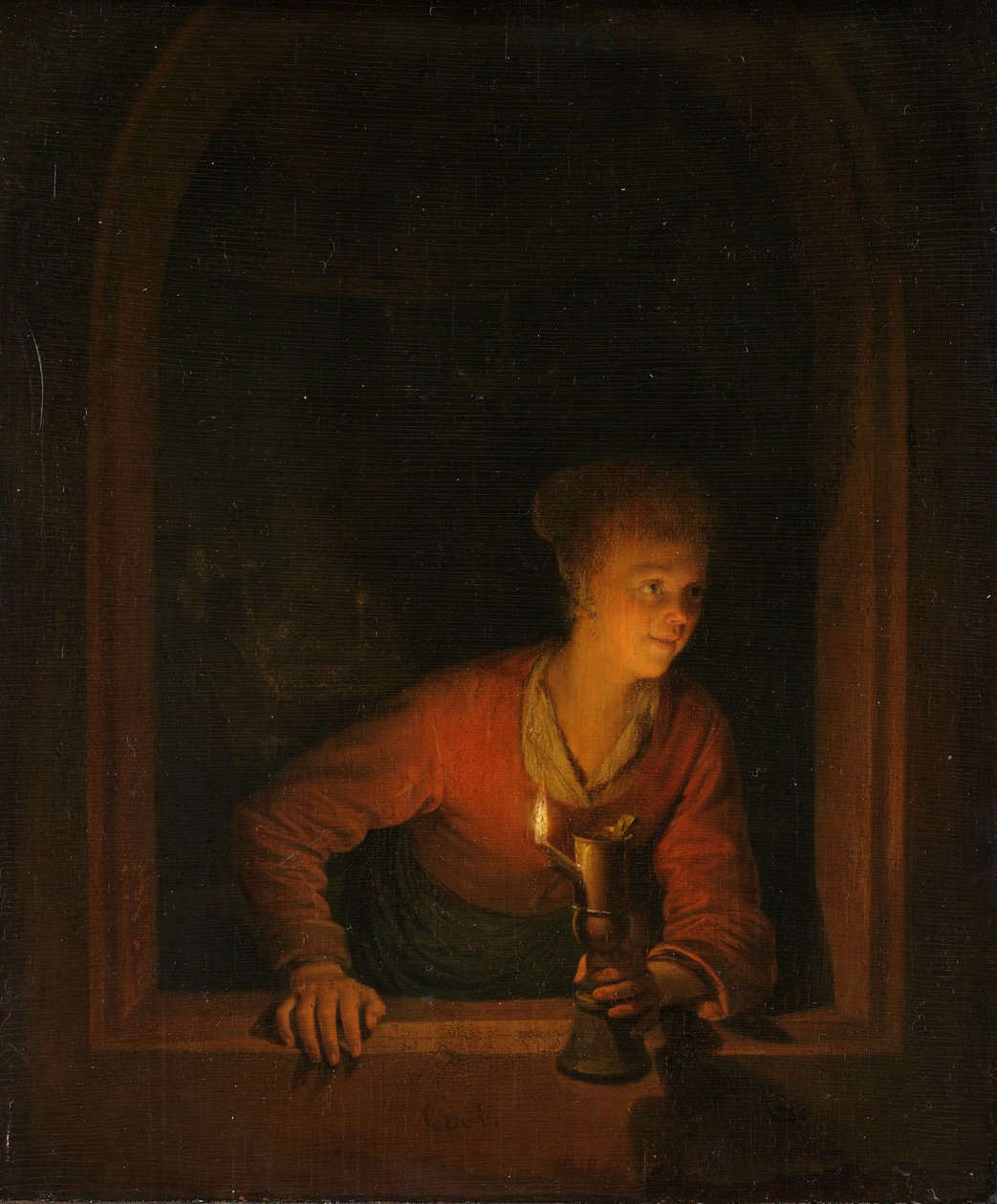 Niña con una lámpara de aceite en una ventana, 1645-75 de Gerrit Dou