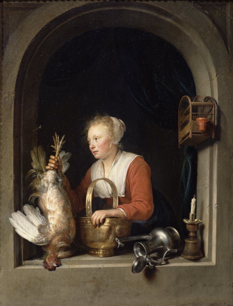 La ama de casa holandesa o La mujer colgando un gallo en la ventana, 1650 de Gerrit Dou