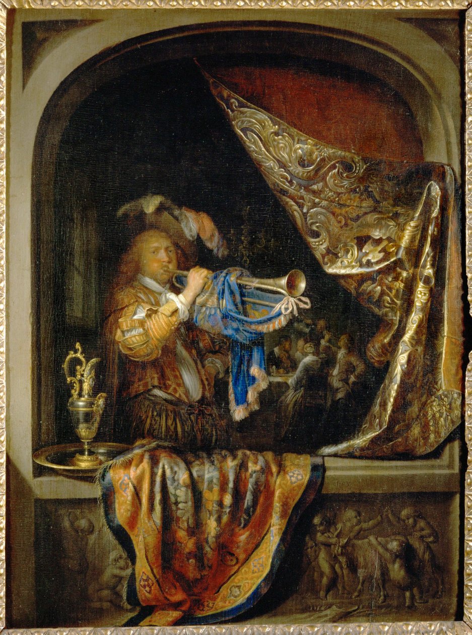El trompetista, al fondo un festín ... de Gerrit or Gerard Dou