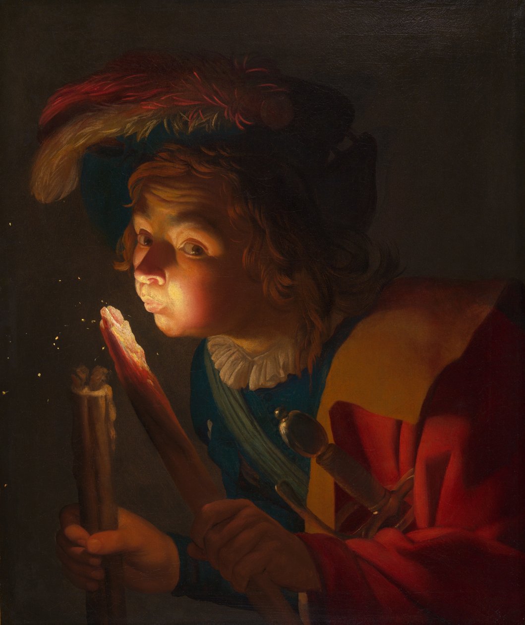 Un niño soplando una brasa de Gerrit van Honthorst