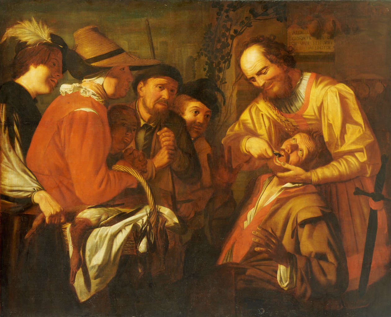 Un dentista charlatán extrayendo un diente, mientras un grupo de espectadores observa cerca de Gerrit van Honthorst