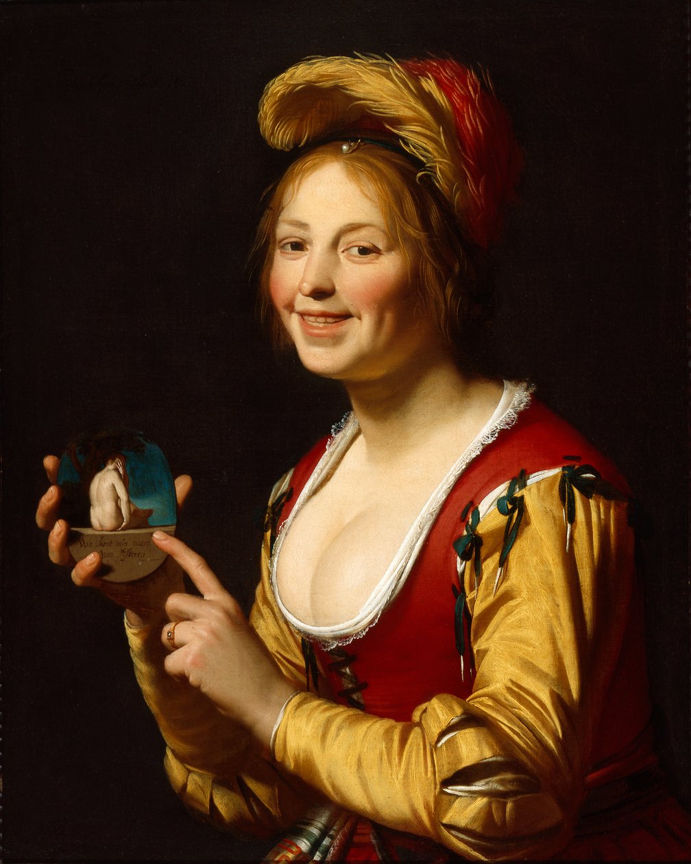 Niña sonriente, cortesana, sosteniendo una imagen obscena de Gerrit van Honthorst