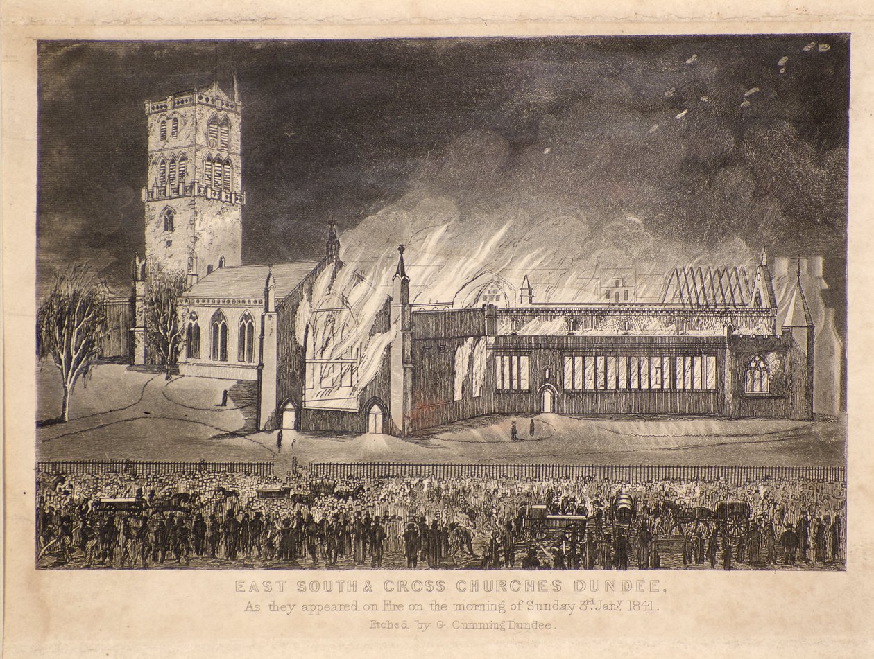 East, South & Cross Churches, Dundee, tal como aparecieron en el incendio del domingo 3 de enero de 1841, c.1841 (grabado) de Gershom Gourlay Cumming