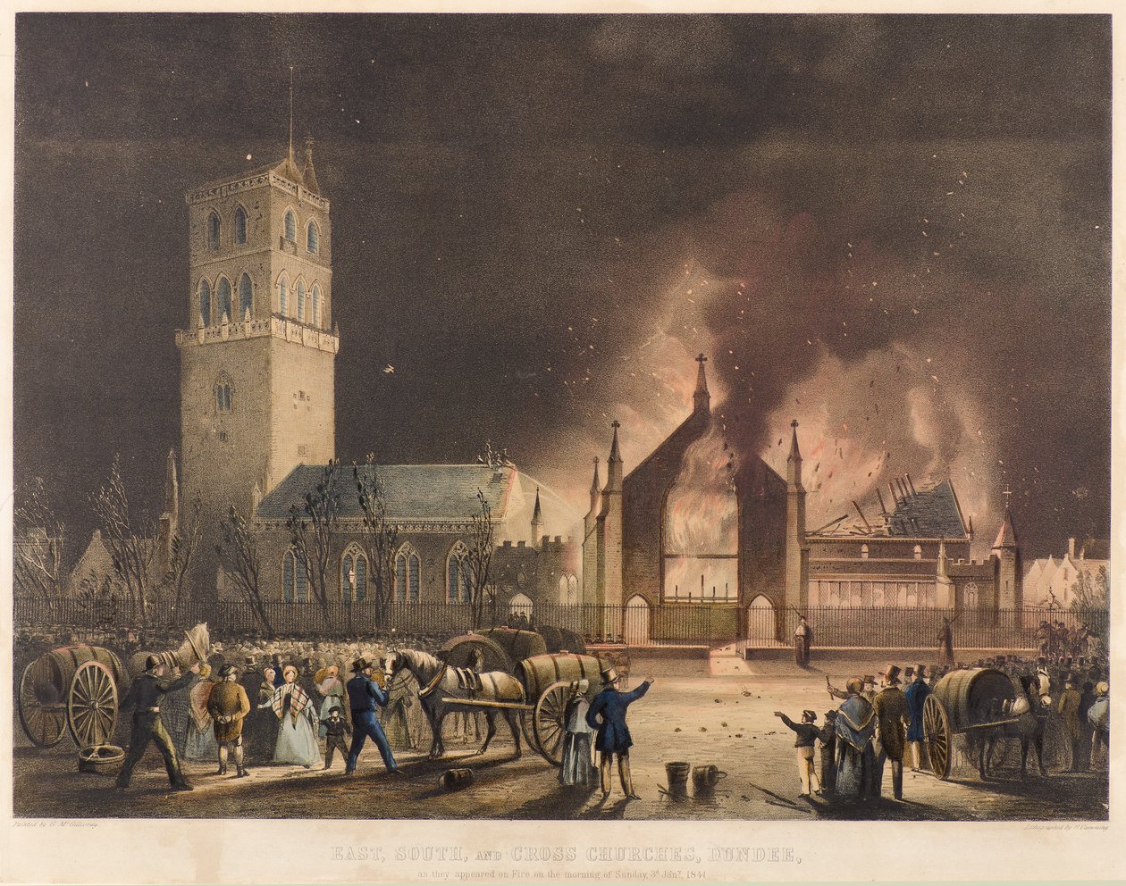 Iglesias del Este, del Sur y de la Cruz, Dundee, tal como aparecieron en el incendio del domingo 3 de enero de 1841, c.1841 (litografía) de Gershom Gourlay Cumming
