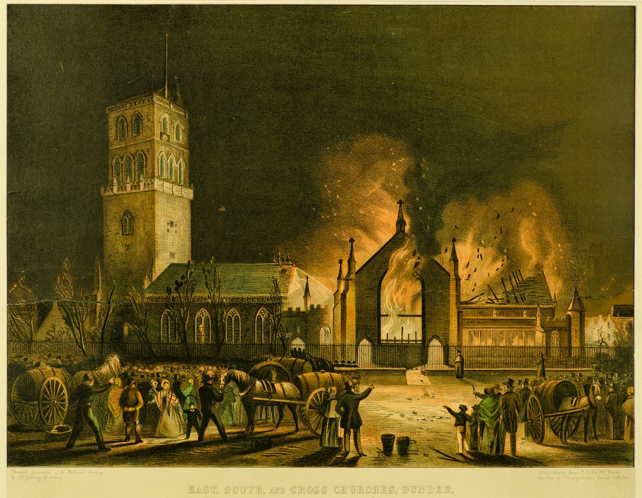 East, South and Cross Churches, Dundee [tal y como aparecieron en el incendio de la mañana del domingo 3 de enero de 1841] (según George McGillivray), c.1841 (litografía) de Gershom Gourlay Cumming
