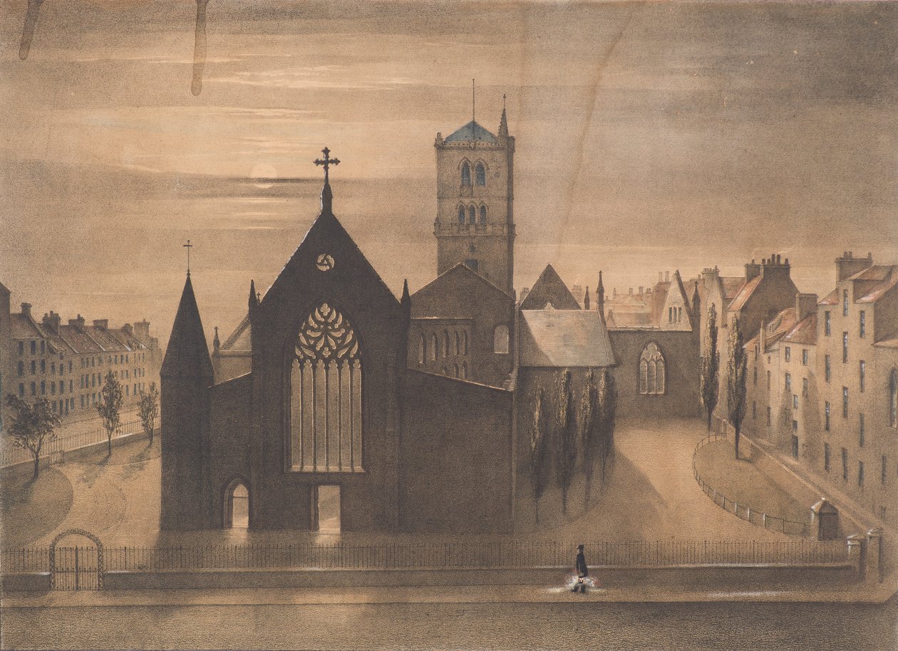 Vista a la luz de la luna de las iglesias del Este y de la Cruz, Dundee, tal y como aparecieron después de la conflagración del 3 de enero, c.1841 (litografía) de Gershom Gourlay Cumming