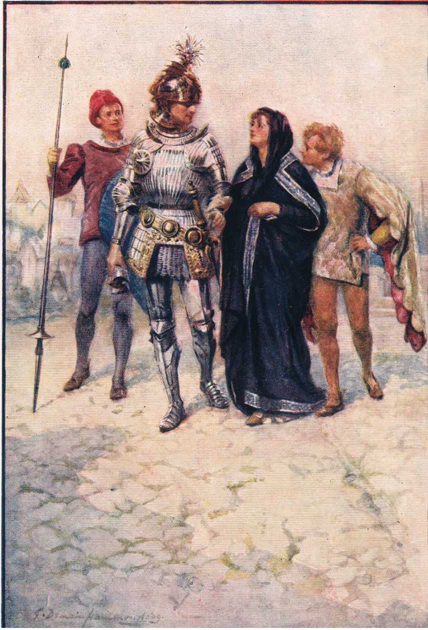 El príncipe Arturo conduce a Belge y a sus hijos al castillo, Cuentos de la Reina de las Hadas publicados por George Harrap and Company de Gertrude E. Demain (after) Hammond