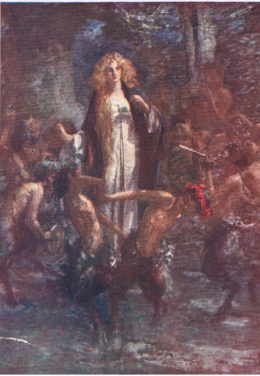 Los sátiros bailaron a su alrededor con júbilo, Cuentos de la Reina de las Hadas publicados por George Harrap and Company de Gertrude E. Demain (after) Hammond