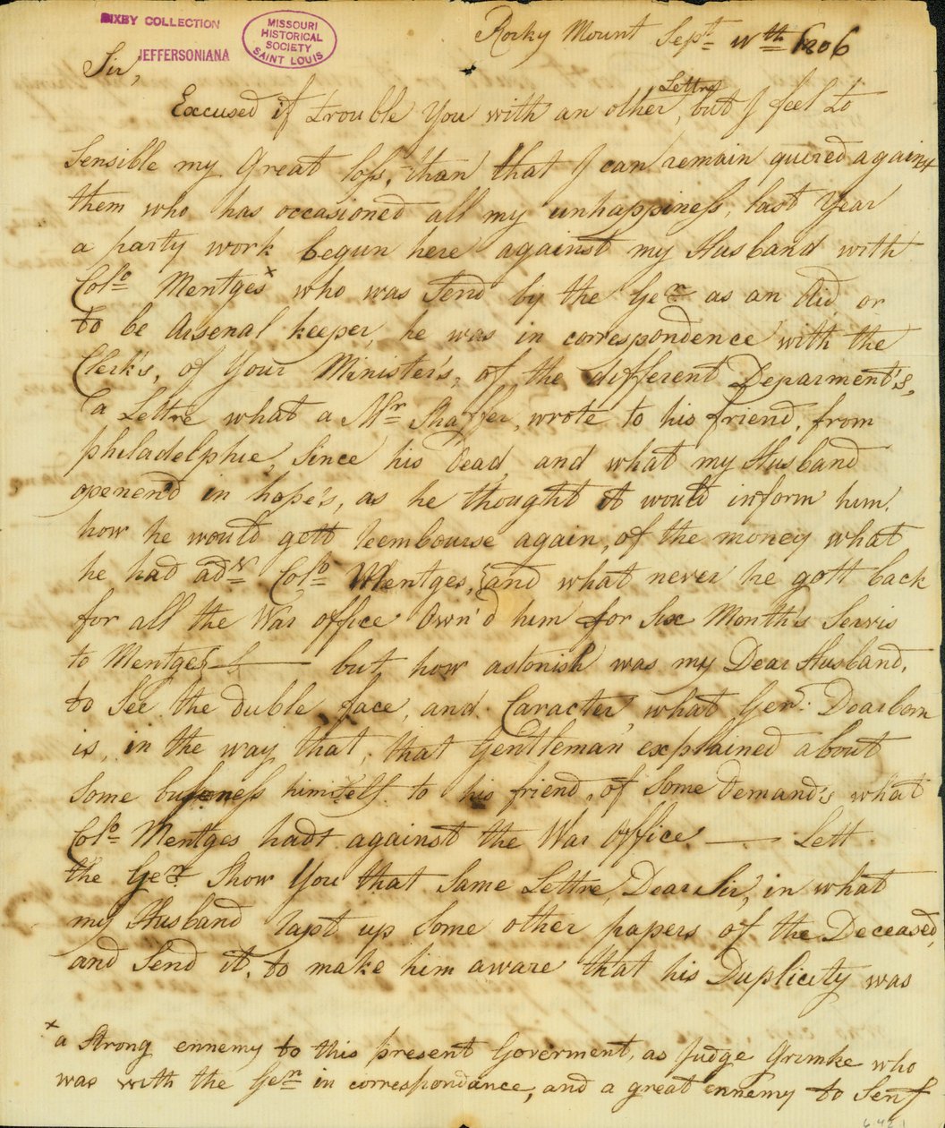Carta firmada Gertrude Joan Senf, Rocky Mount, a Thomas Jefferson, 11 de septiembre de 1806 de Gertrude Joan Senf