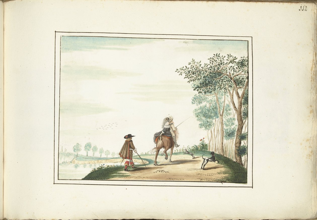 Caballero y dama a caballo y un peatón en un paisaje de Gesina ter Borch (signed by artist)