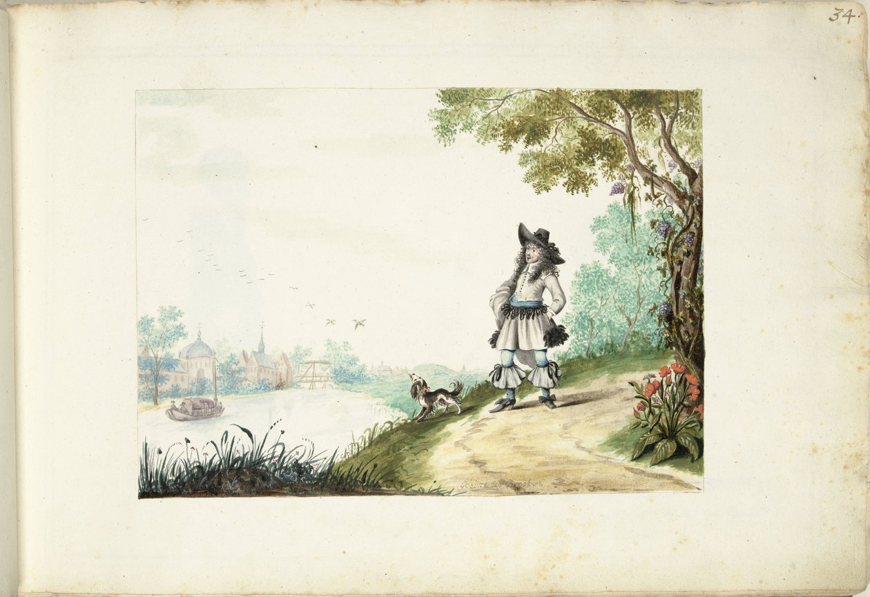 Señor caminando junto a un río de Gesina ter Borch (signed by artist)