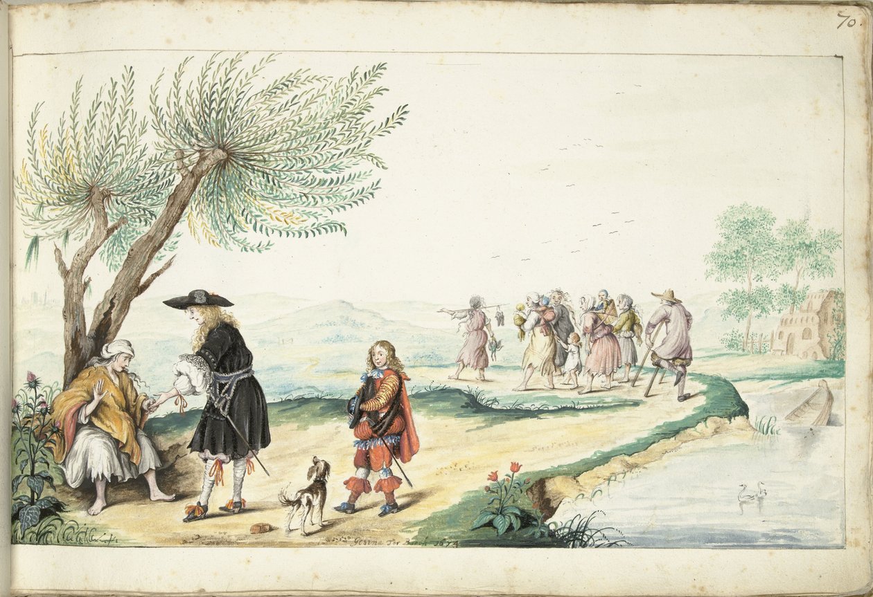 Mujer gitana lee la mano de un caballero (¿Moisés?) de Gesina ter Borch (signed by artist)